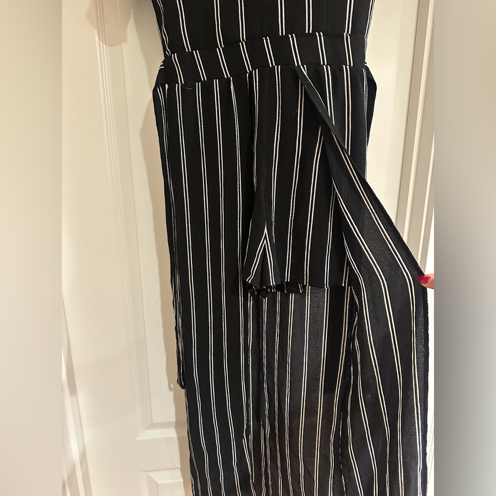 Crystal Doll Elegant Black and White Striped Overlay Hem Romper - Picture 4 of 8